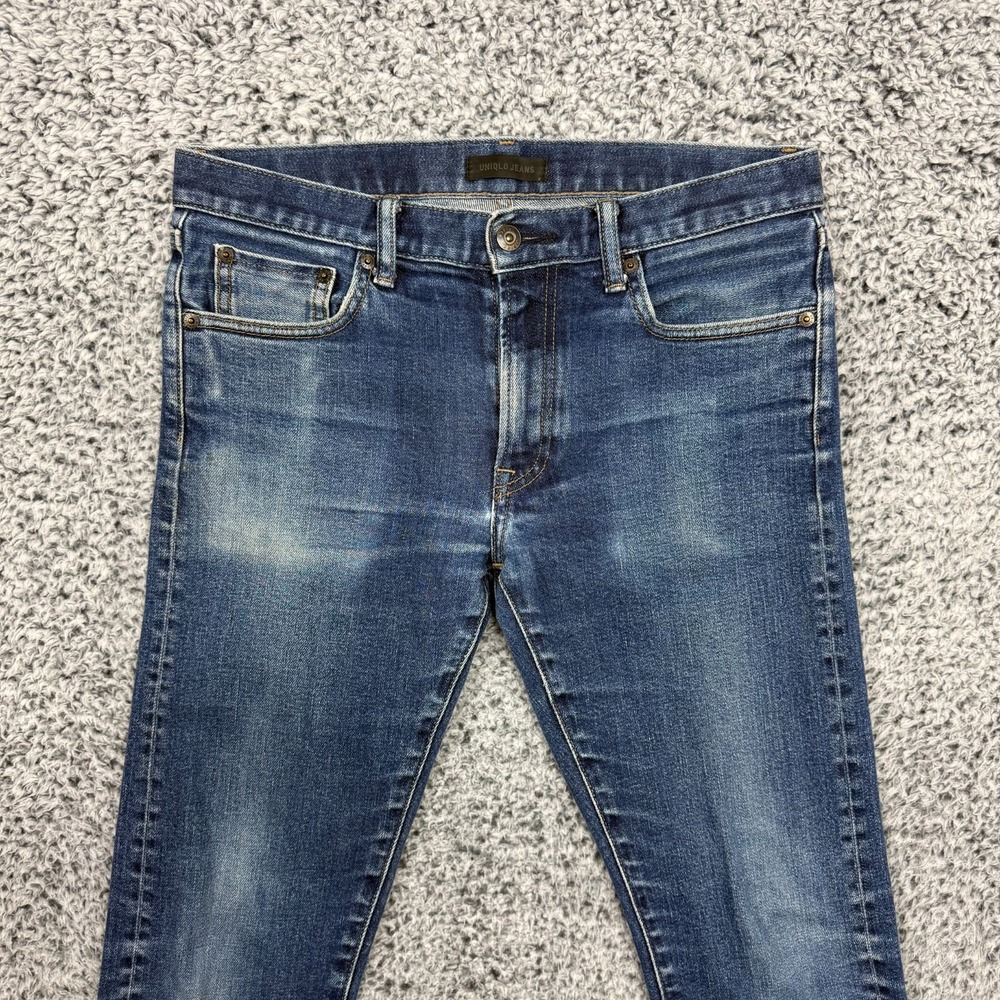 Uniqlo Selvedge Jeans Mens 31x32 Blue Dark Denim Slim Straight Faded Whiskers - Picture 3 of 15